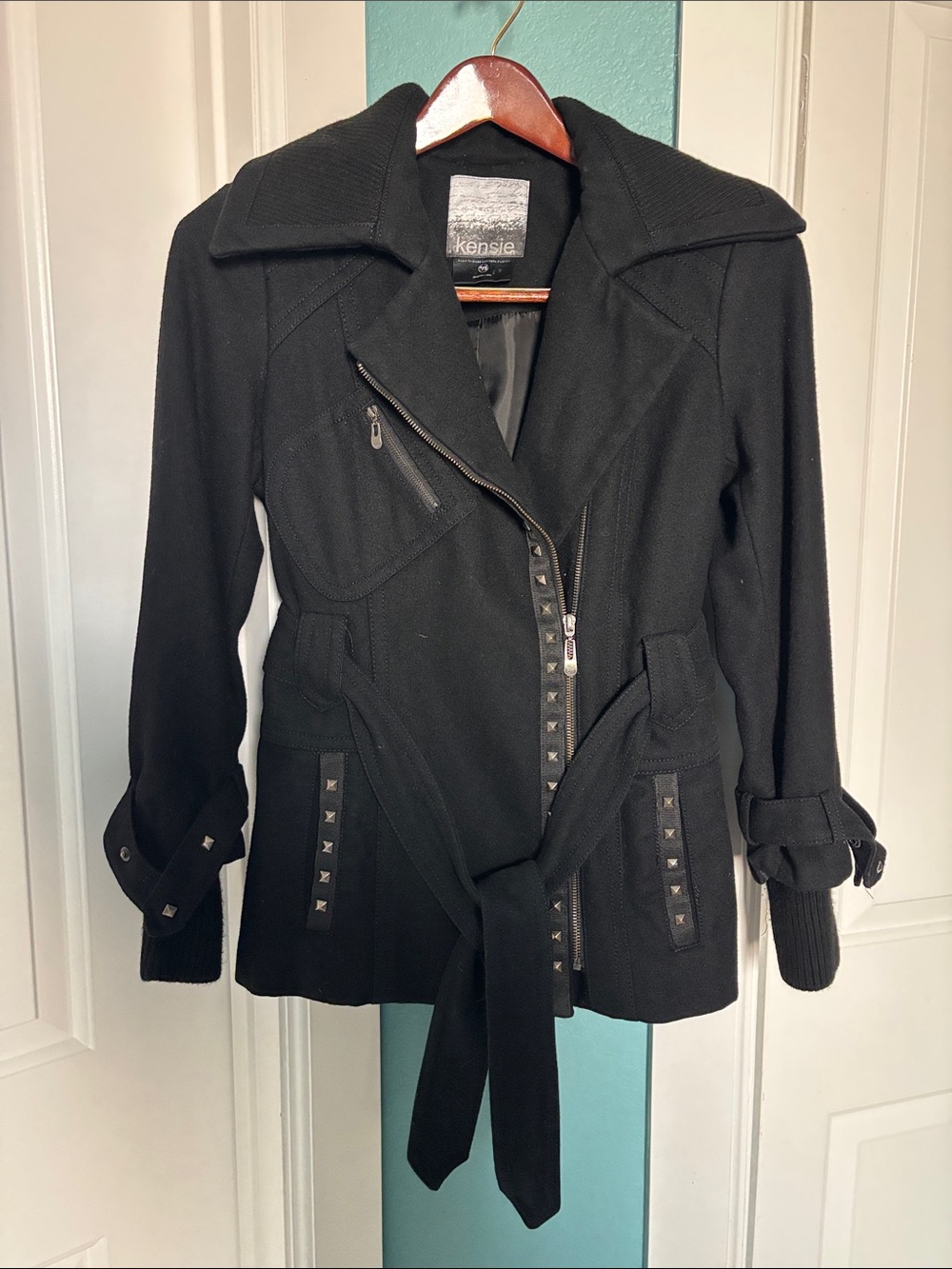Kensie Black Stud-Trim Belted Trench Coat